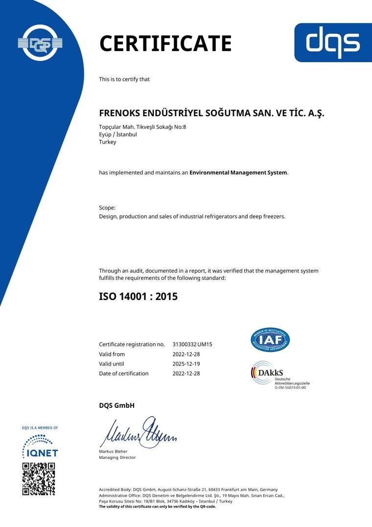 ISO 14001:2015 sertifikası