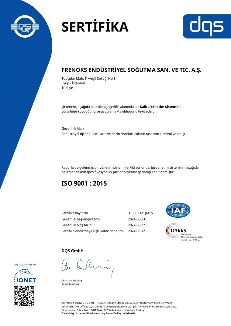 Frenoks Endüstriyel Soğutma ISO 9001:2015 Kalite Yönetim Sistemi sertifikası (DQS)
