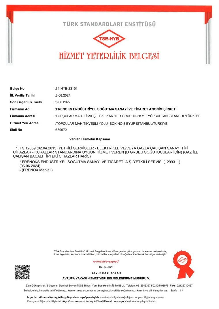 Türk Standardları Enstitüsü TSE-HYB Hizmet Yeterlilik Belgesi